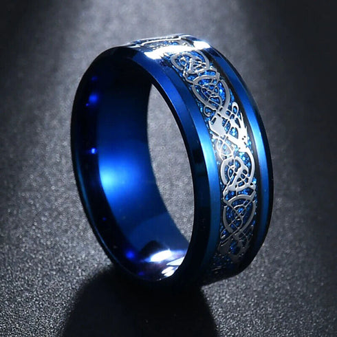 Men 8mm Beveled Edge Comfort-Fit Blue Silver Celtic Dragon Tungsten Wedding Band